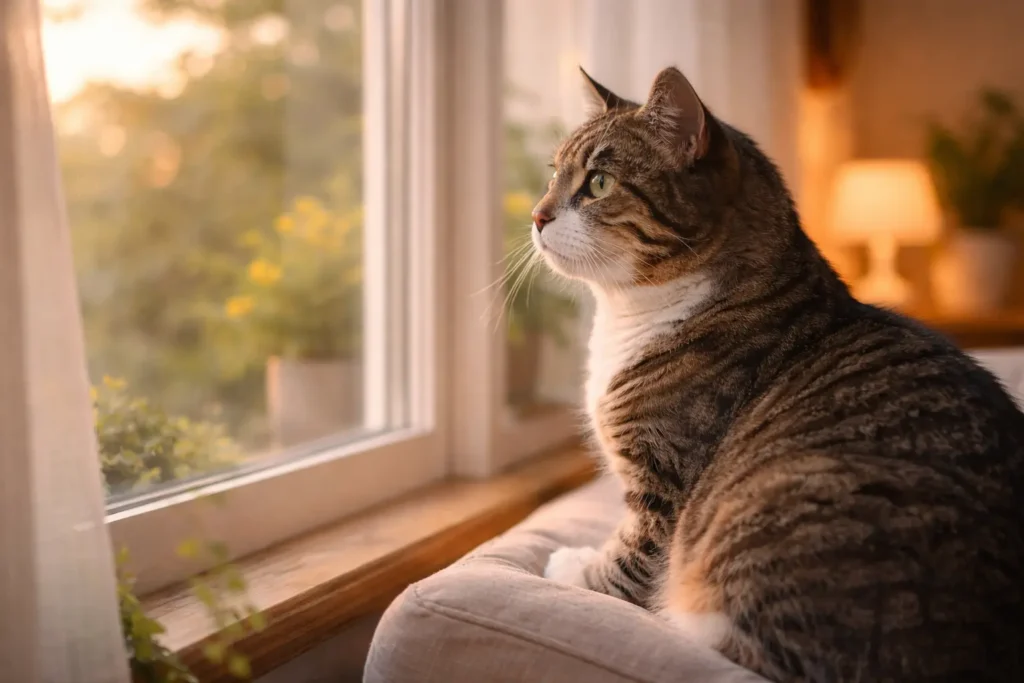 un chat adulte âgé observant l’extérieur depuis une fenêtre
