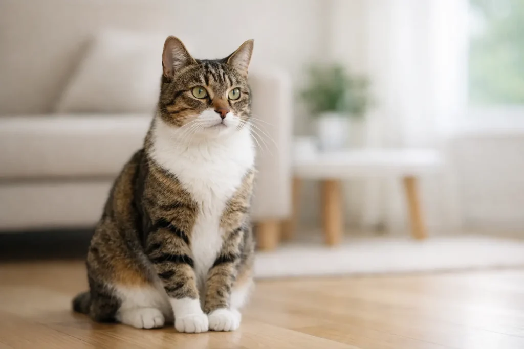 Chat adulte calme illustrant l’analyse d’un dossier de chat par une assurance.