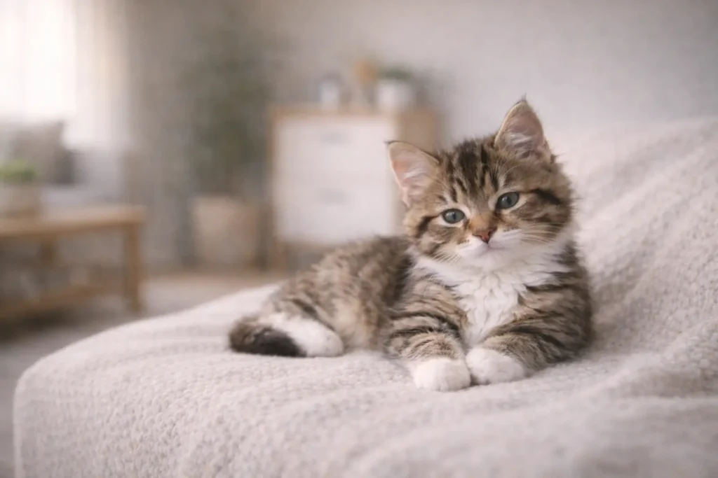 Chaton de 2 à 3 mois reposant paisiblement dans un intérieur doux