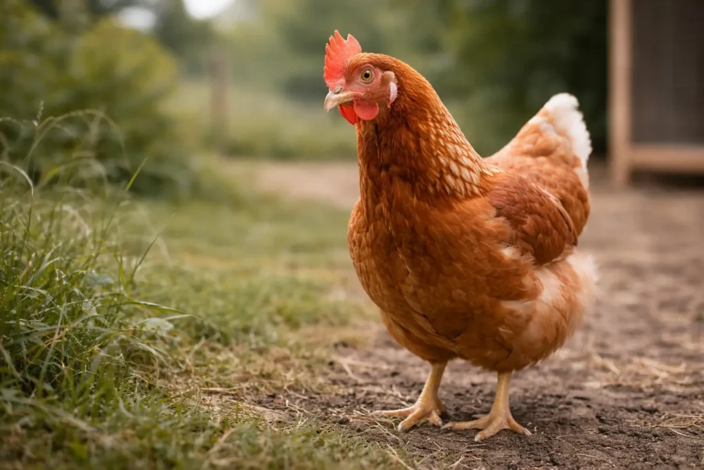 poule observant son environnement, tête légèrement inclinée