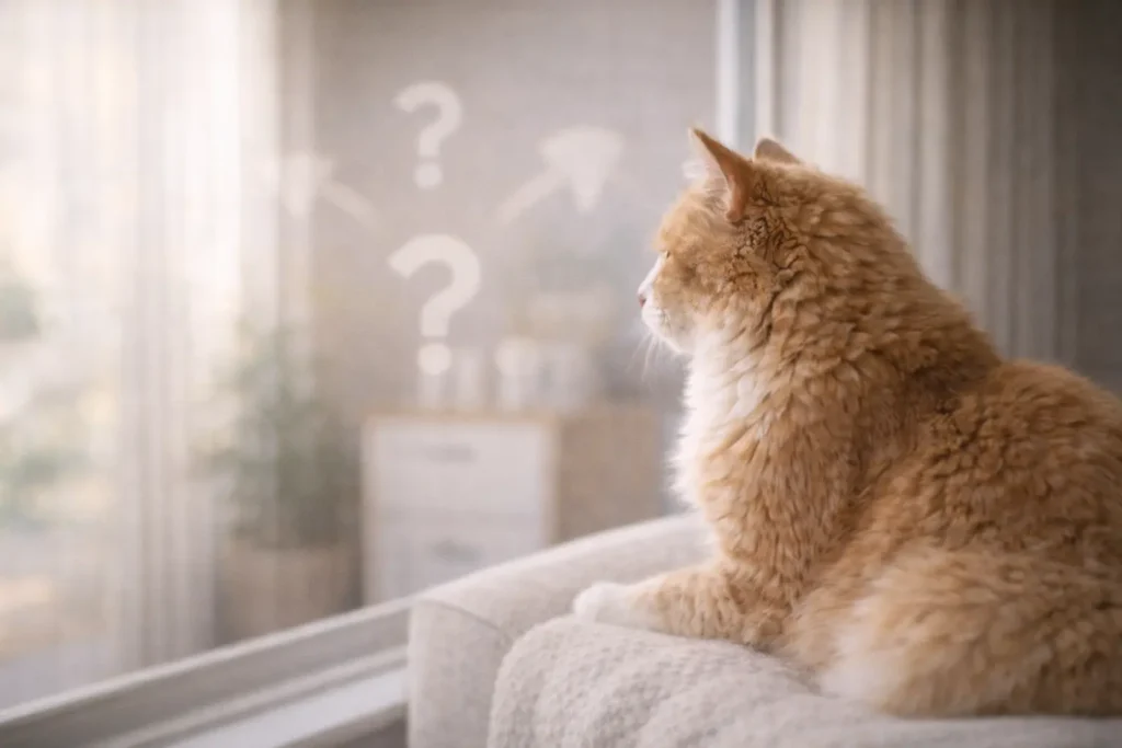 Chat senior observant calmement par une fenêtre dans une ambiance douce