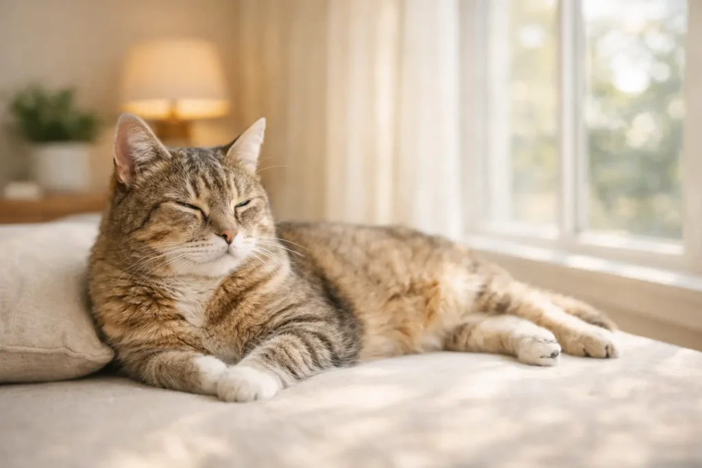 Chat détendu dans un environnement calme illustrant la distinction entre antécédent et maladie chronique.