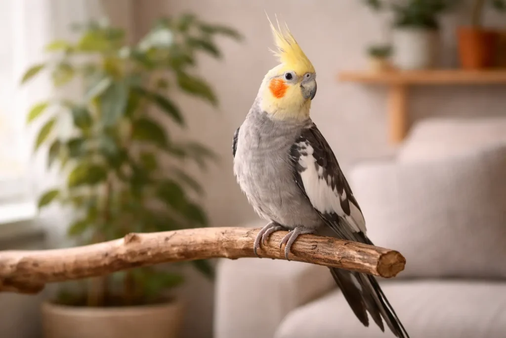 Calopsitte perchée sur une branche en bois dans un intérieur calme et lumineux.