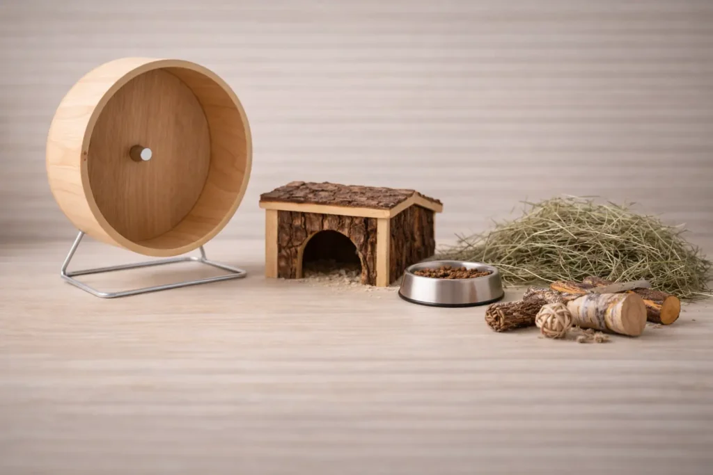 Accessoires pour octodon alignés sur fond bois clair : roue sécurisée, cabane en bois, gamelle, foin et jouets naturels à ronger.