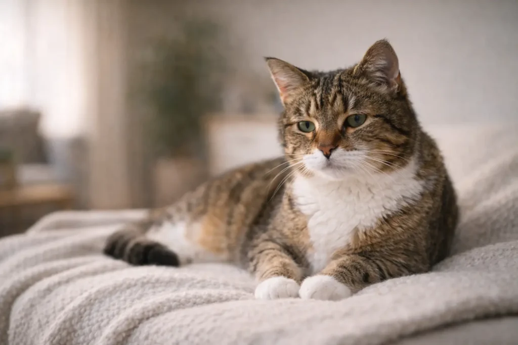 Chat senior reposant calmement sur un plaid clair dans une ambiance douce