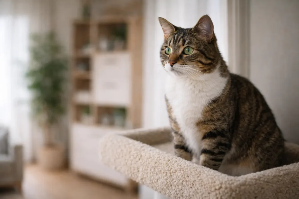 Chat observant son environnement depuis un point en hauteur