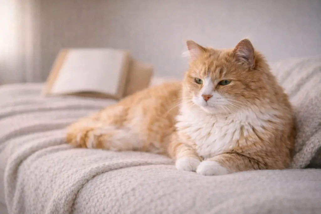 Chat senior reposant paisiblement avec un dossier flou en arrière-plan