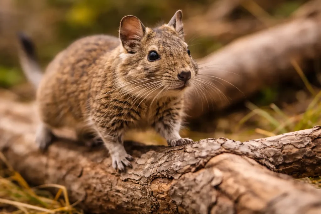 Octodon en train d’explorer ou grimper dans un environnement naturel.