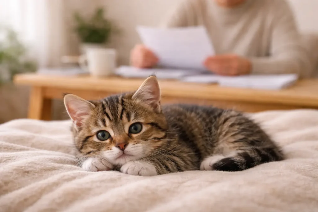 Chaton tigré allongé sur une couverture douce tandis qu’une personne consulte des papiers en arrière-plan flou