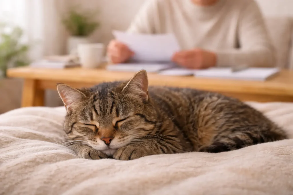 Chat âgé tigré reposant calmement sur une couverture tandis qu’une personne consulte des documents en arrière-plan flou