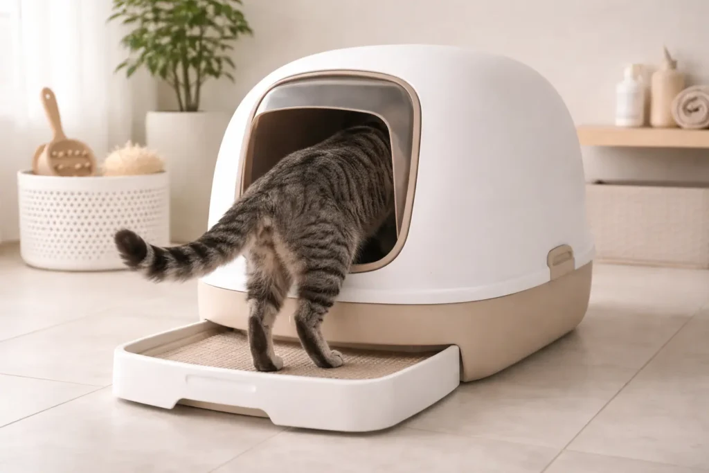 Chat gris entrant dans une maison de toilette moderne blanche et beige dans un intérieur minimaliste propre et lumineux