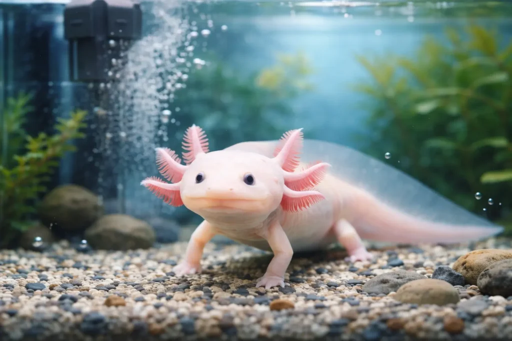Axolotl leucistique dans un aquarium naturel avec bulles de filtration en arrière-plan.