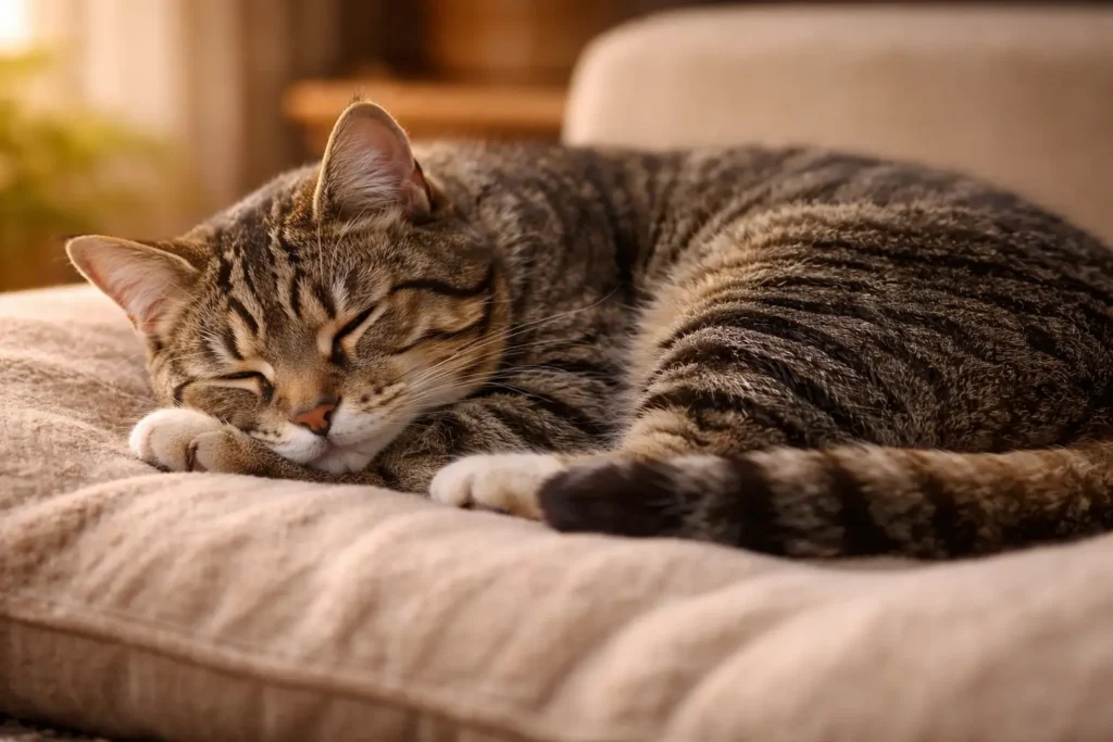 Chat domestique au repos, couché dans un environnement calme et chaleureux.