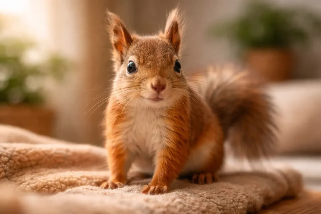 "Écureuil domestique réaliste posé dans un intérieur chaleureux, éclairage doux et ambiance cosy"