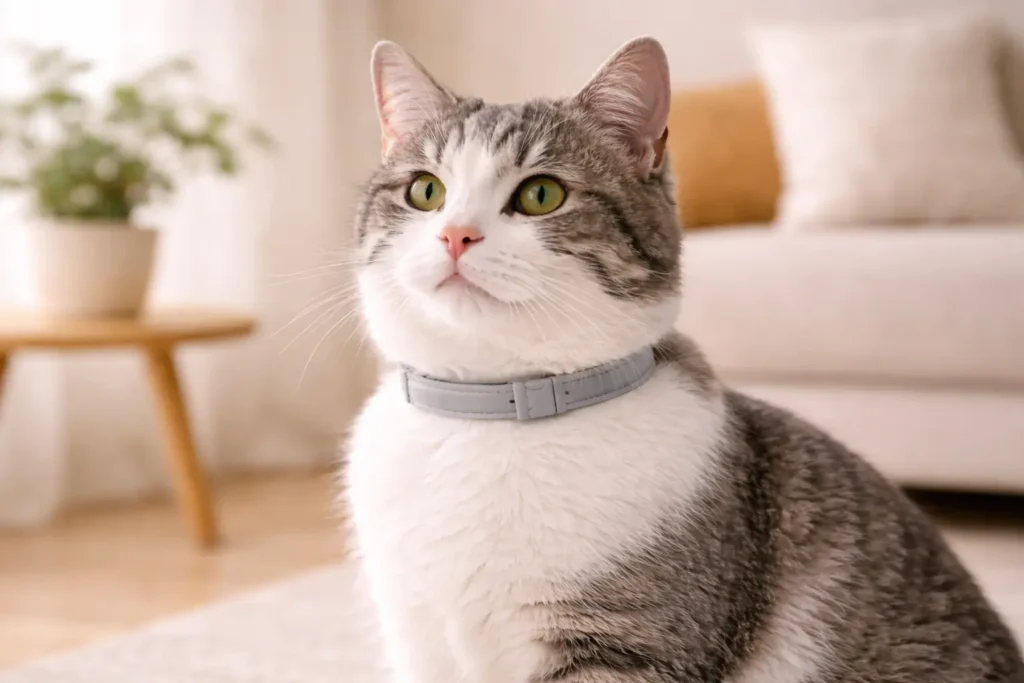 Chat blanc et gris portant un collier anti-puces gris dans un intérieur moderne beige et bois clair