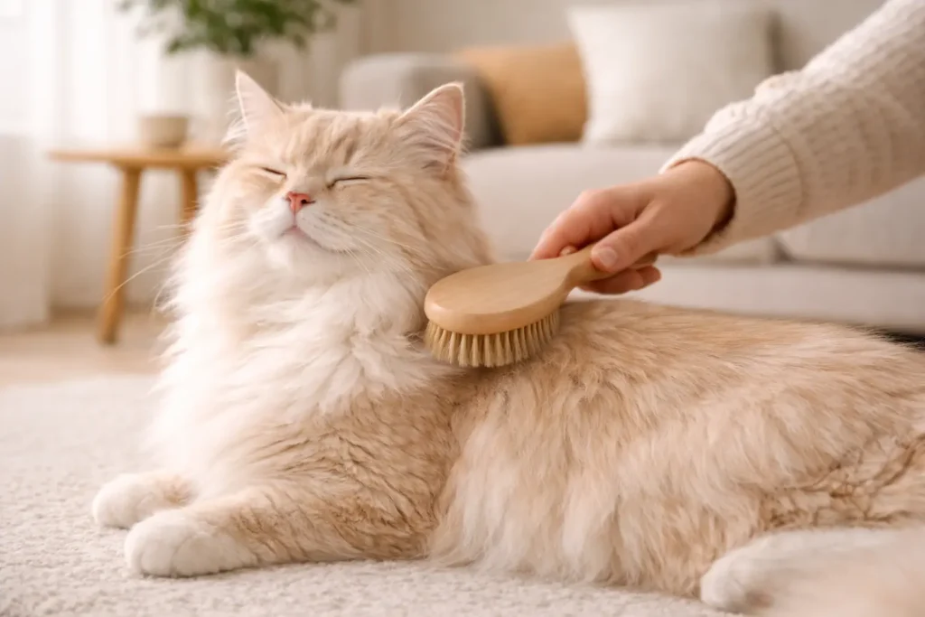 Chat long poil crème se faisant brosser doucement avec une brosse en bois dans un salon cosy lumineux