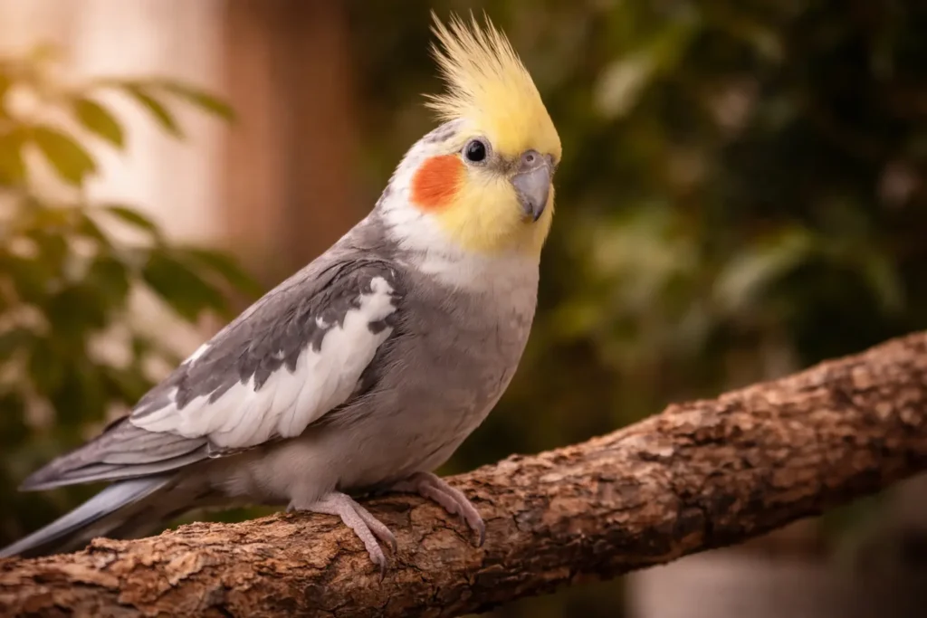 Calopsitte perchée sur une branche avec sa huppe visible et un éclairage naturel.