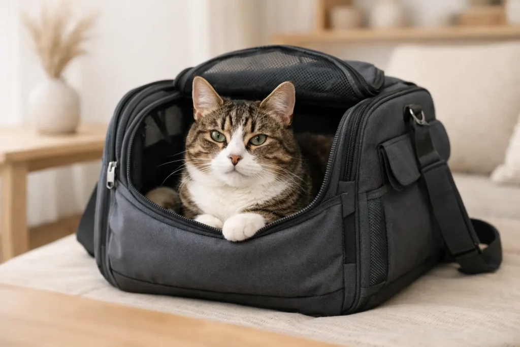 Chat tigré bien installé dans un sac de transport gris foncé, posé dans un intérieur lumineux aux tons beige et bois clair, atmosphère calme et rassurante