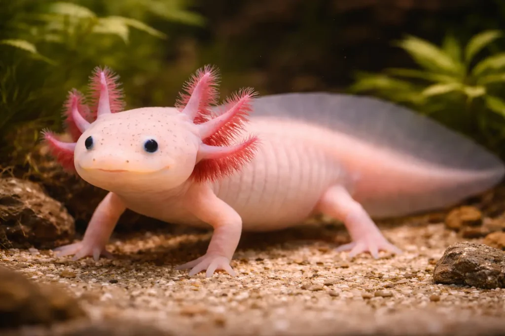 Axolotl visible entièrement dans un aquarium naturel avec plantes et fond neutre.