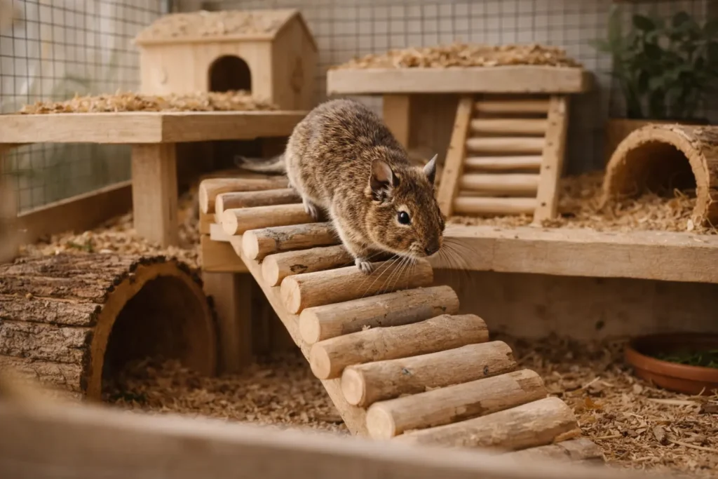Photographie réaliste d’un octodon explorant une cage