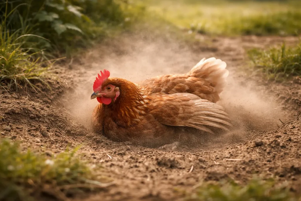 Photographie réaliste d’une poule prenant un bain de poussière