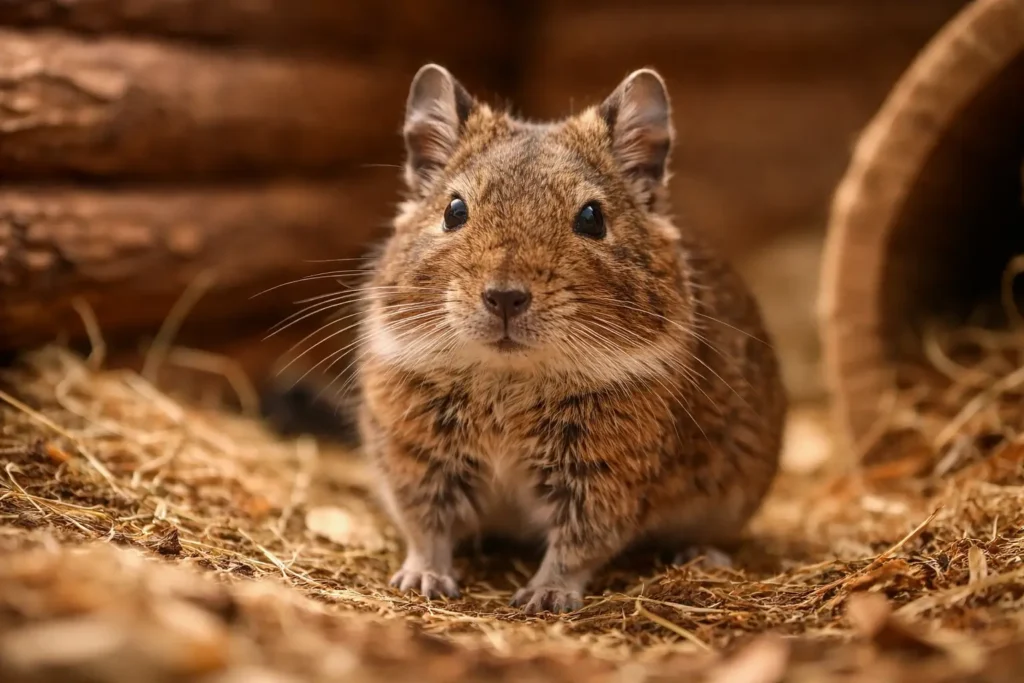 "Octodon degu réaliste dans un habitat en bois chaleureux, éclairage doux et textures naturelles en arrière-plan"