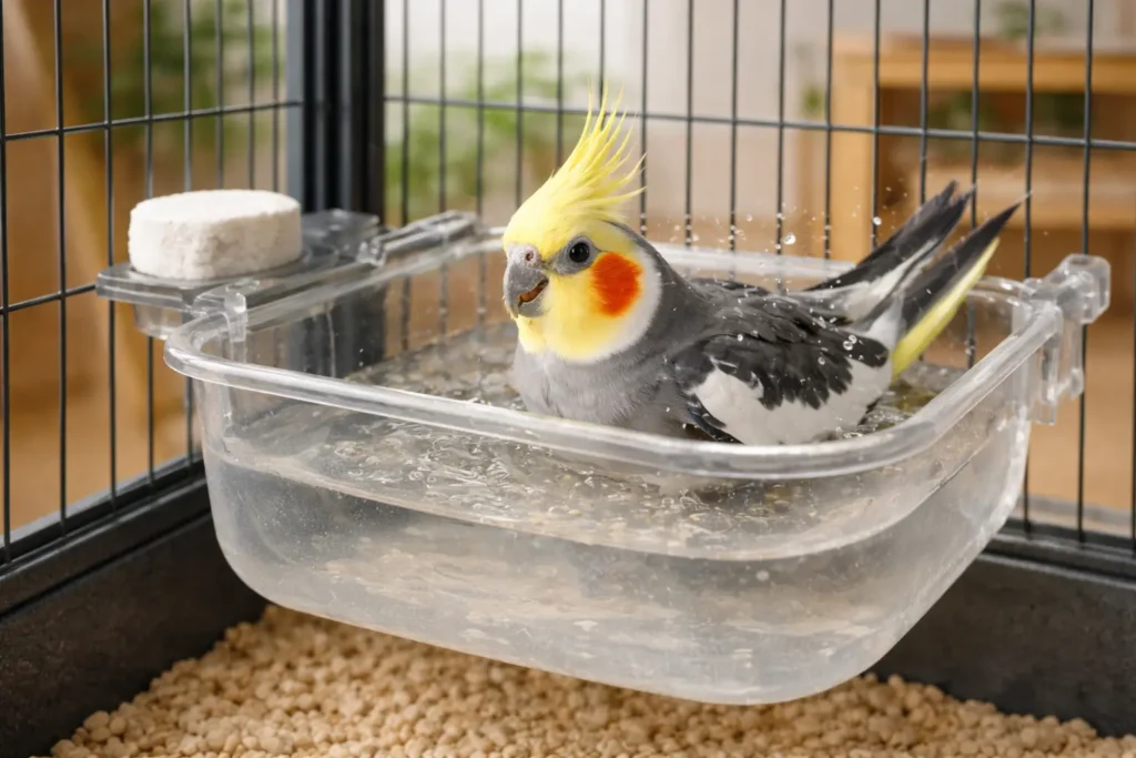 Calopsitte se baignant dans une baignoire transparente fixée à une cage moderne, avec bloc minéral en pierre de calcium, ambiance lumineuse naturelle et intérieure propre.