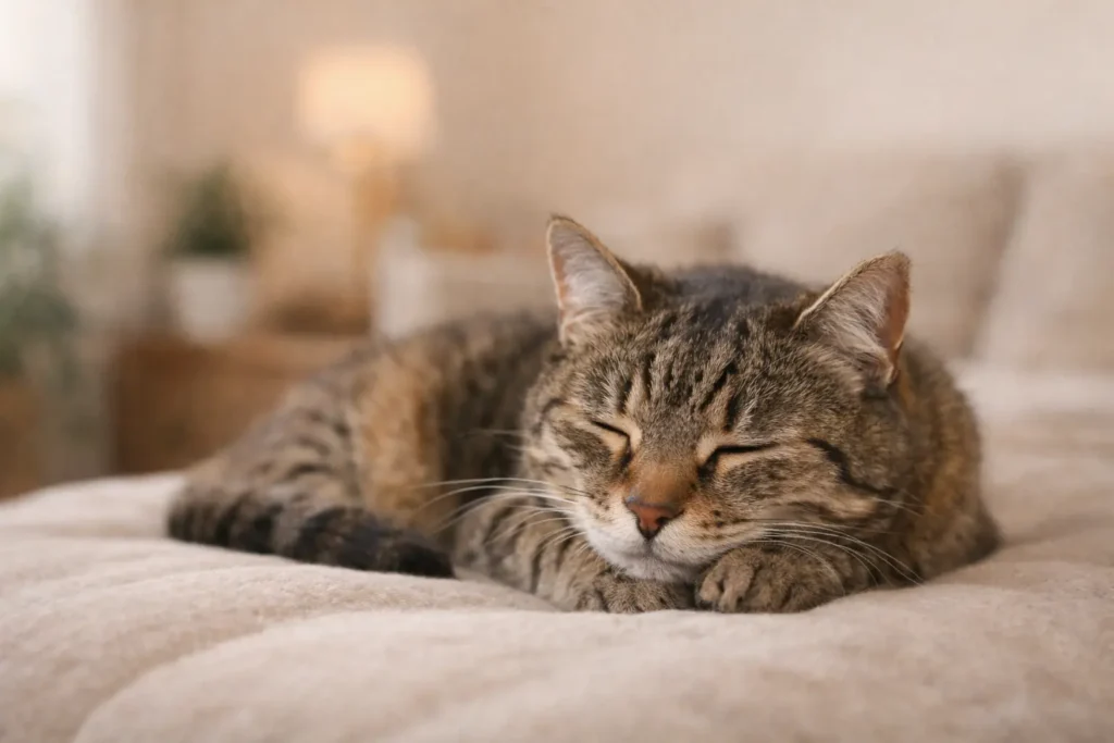 Chat senior tigré reposant paisiblement sur une couverture dans un intérieur chaleureux