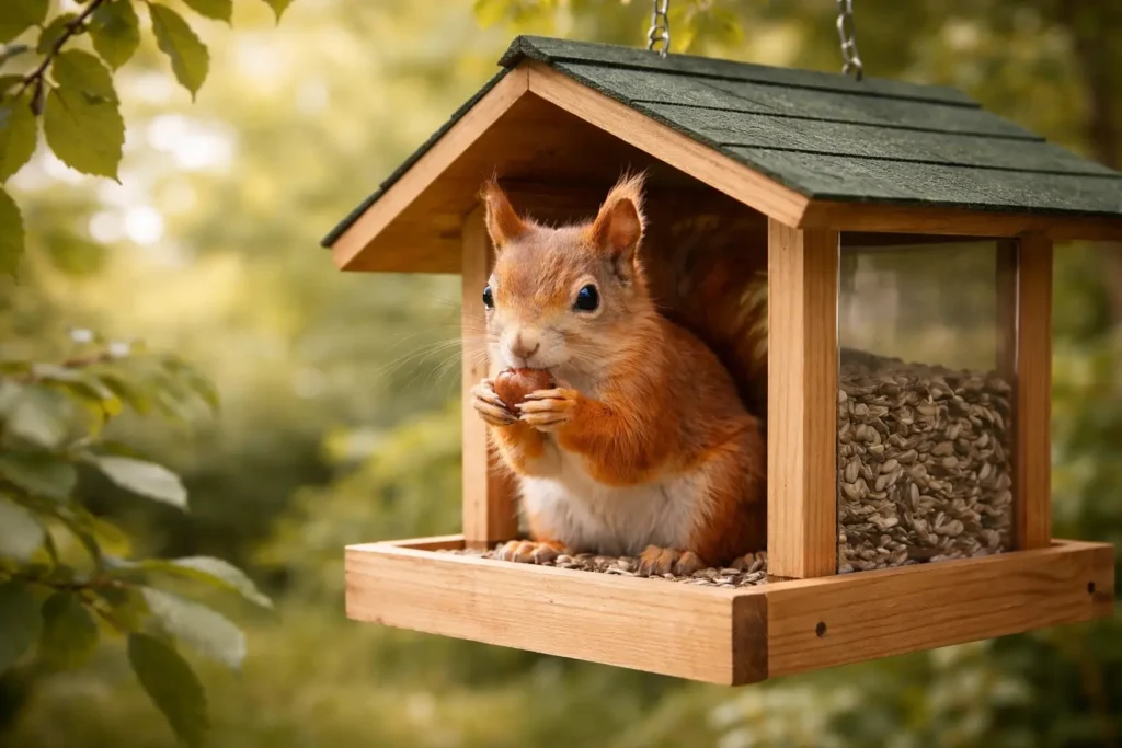 Photographie réaliste d’un écureuil utilisant une mangeoire