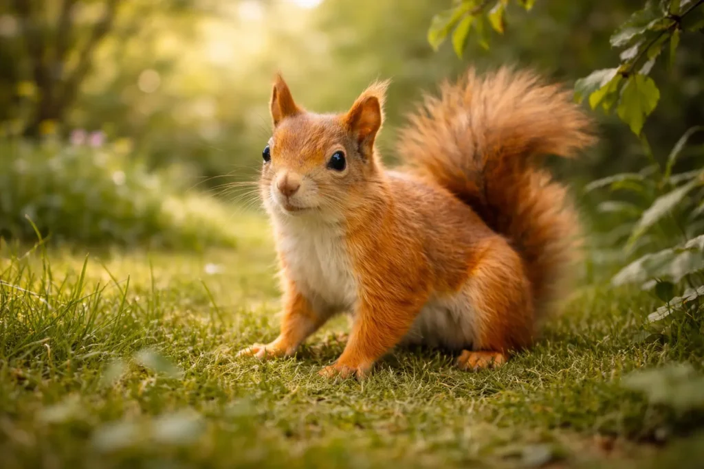 Photographie réaliste d’un écureuil roux évoluant dans un jardin arboré