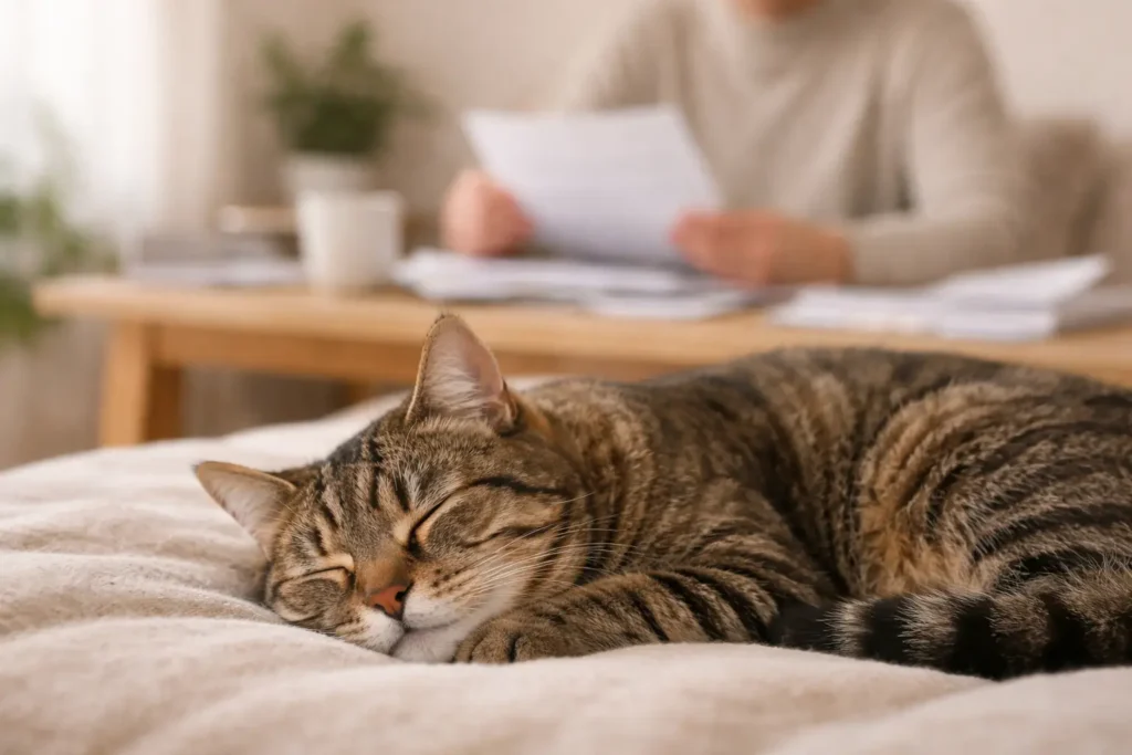Chat tigré dormant paisiblement au premier plan pendant qu’une personne examine des documents en arrière-plan flou