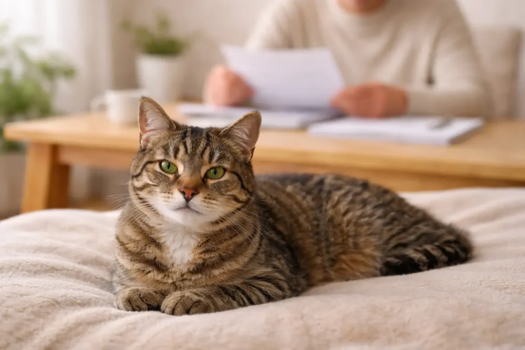 Chat adulte tigré allongé calmement sur une couverture tandis qu’une personne consulte des documents en arrière-plan flou