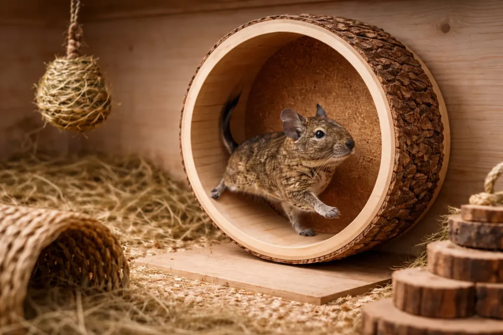Octodon courant dans une grande roue en bois montée dans un enclos naturel, avec foin, tunnel en fibres et jouets en bois, éclairage doux et ambiance chaleureuse premium.