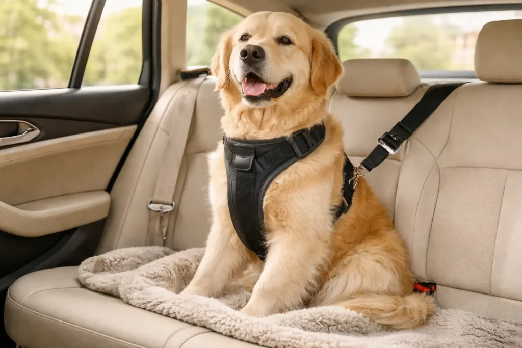 Chien attaché avec un harnais de sécurité dans une voiture propre, intérieur beige moderne éclairé par une lumière naturelle, ambiance rassurante et confortable.