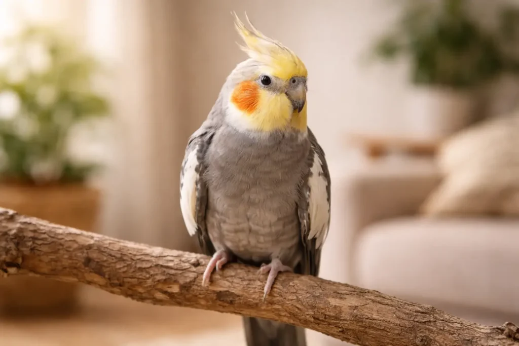 "Calopsitte perchée sur une branche en bois naturel dans une pièce lumineuse, éclairage doux et arrière-plan neutre"