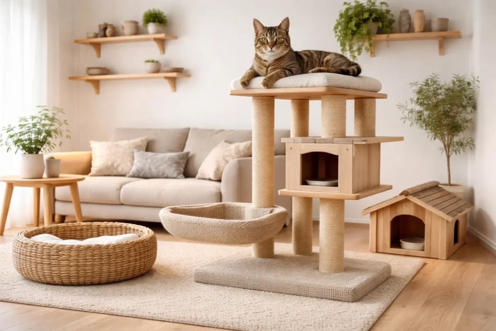 Chat tigré allongé sur un arbre à chat en bois clair dans un salon scandinave, avec cabane, panier tressé et espace d’aménagement moderne pour chat