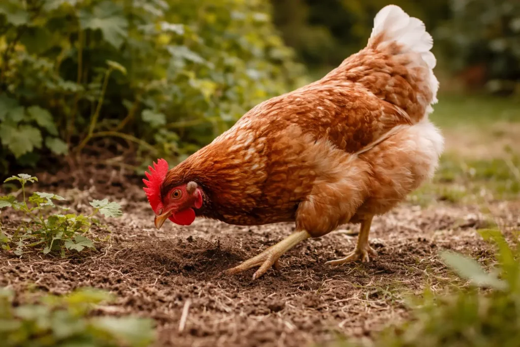 Poule en train de gratter le sol pour chercher nourriture et insectes.