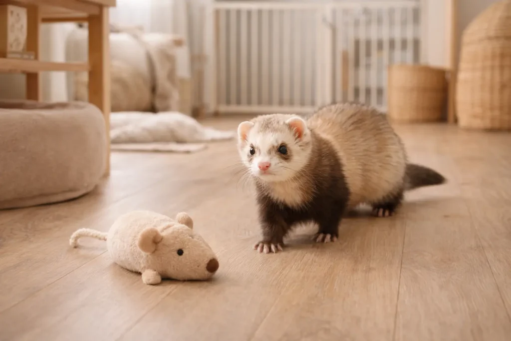 Photographie réaliste d’un furet curieux explorant une pièce sécurisée