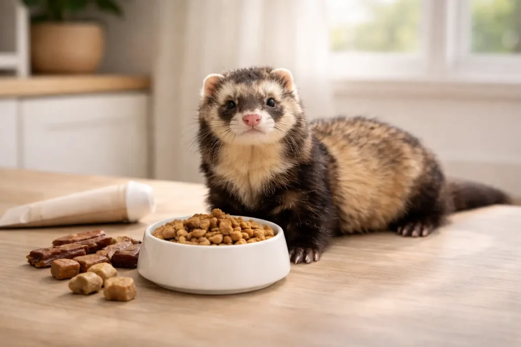 Furet brun et blanc près d’un bol de croquettes avec friandises naturelles et pâte de malt dans intérieur lumineux et moderne