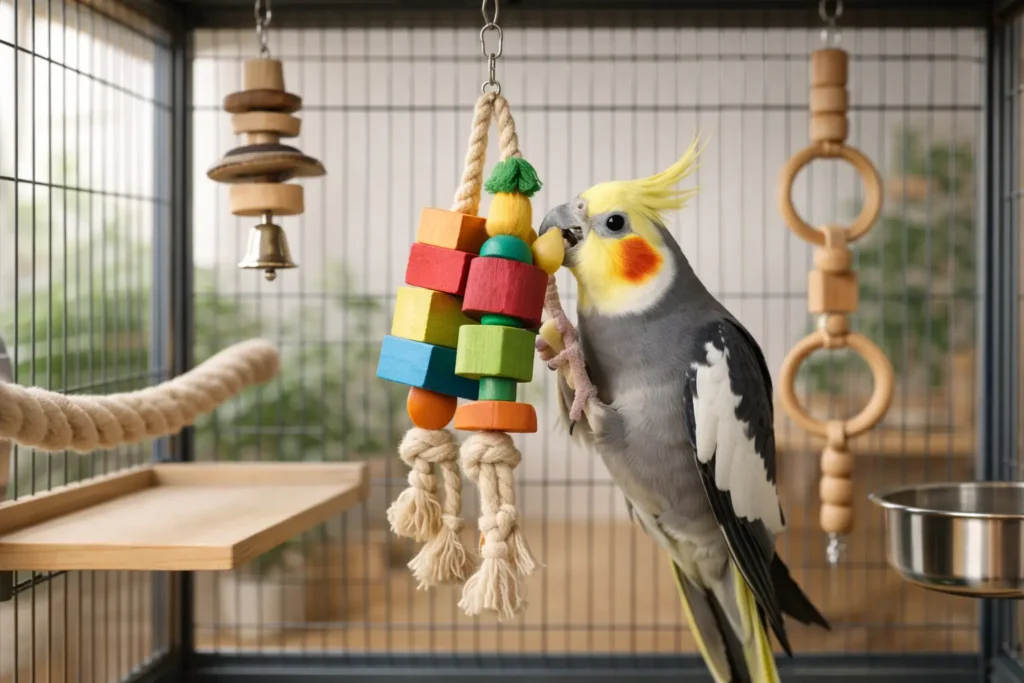 Calopsitte jouant avec un jouet suspendu coloré dans une cage moderne aménagée avec accessoires en bois et cordes, ambiance lumineuse naturelle.