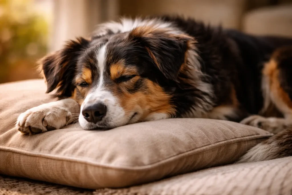Chien au repos allongé dans un environnement calme et lumineux.