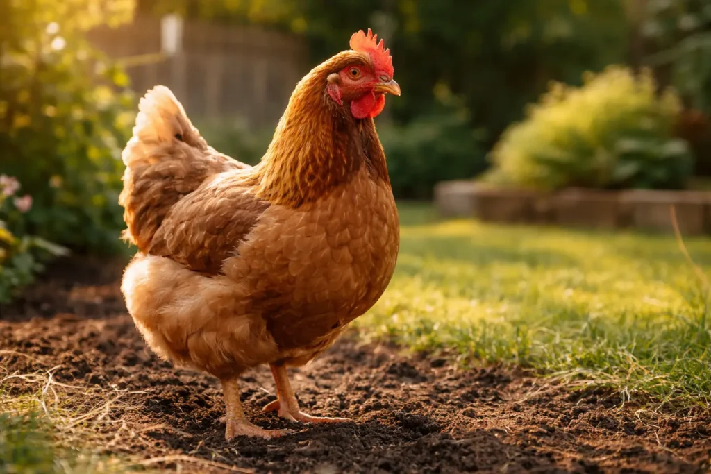 Poule domestique réaliste debout dans un petit jardin ensoleillé, lumière naturelle chaude et arrière-plan doux