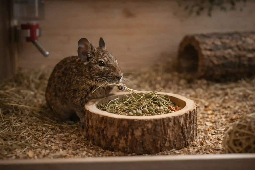 Octodon mangeant du foin dans une gamelle en bois, abreuvoir anti-goutte en arrière-plan, litière naturelle et décor chaleureux, lumière douce et ambiance premium.