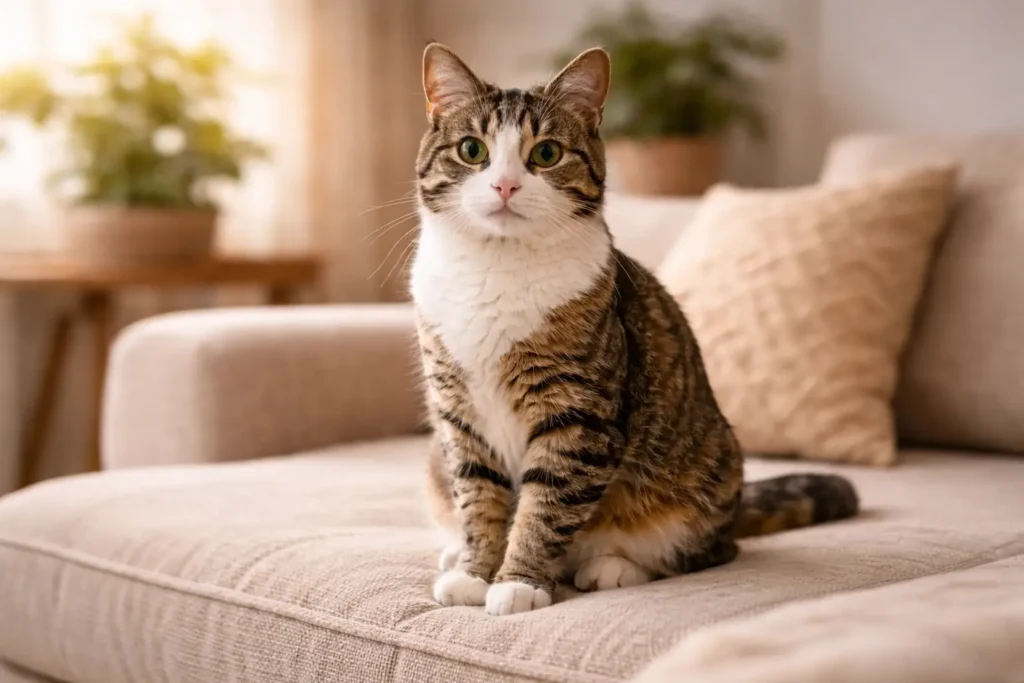 "Chat domestique assis sur un canapé beige dans un intérieur lumineux, éclairage naturel doux et ambiance chaleureuse"