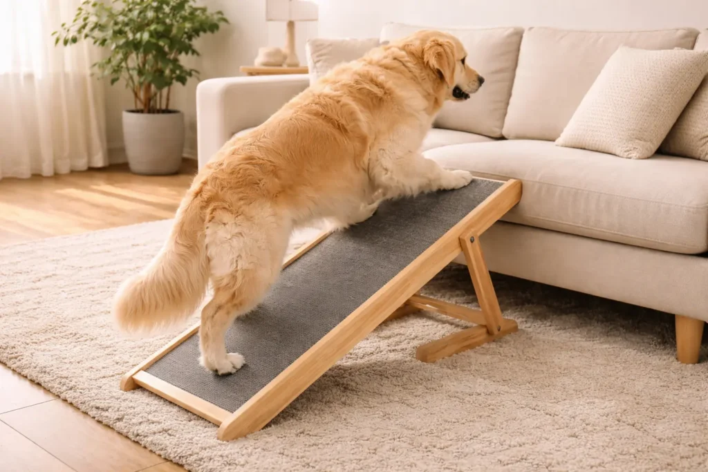 Chien golden retriever montant sur un canapé beige grâce à une rampe en bois clair dans un salon scandinave lumineux et rassurant.