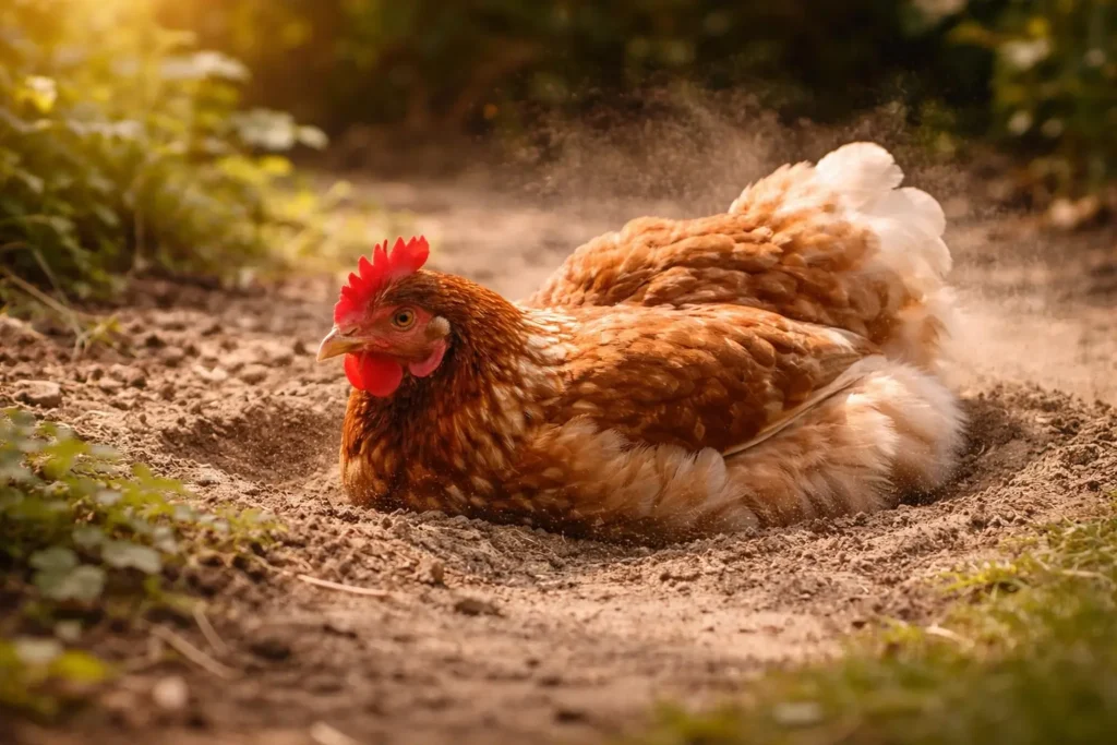 Poule se reposant ou prenant un bain de poussière sous une lumière naturelle.