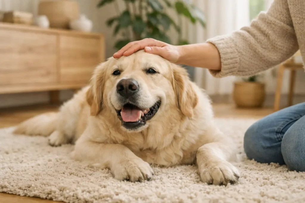 Chien golden retriever heureux couché sur un tapis beige, caressé doucement par son propriétaire dans un salon scandinave lumineux aux tons bois clair et plantes vertes.