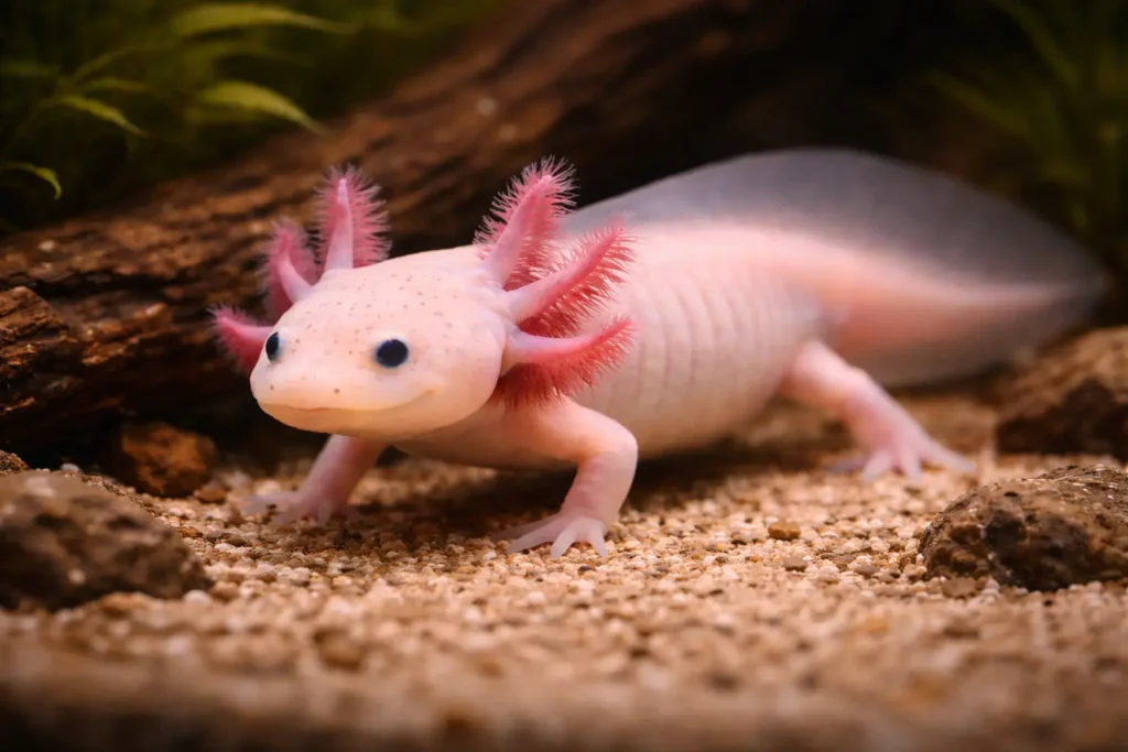 Axolotl se déplaçant lentement au fond de son aquarium avec décor naturel.