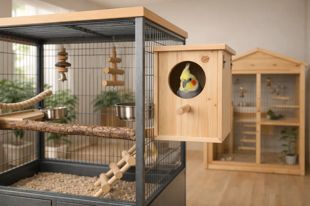 Habitat complet pour calopsitte avec grande cage moderne ouverte, nichoir en bois naturel accroché et petite volière en arrière-plan, ambiance intérieure lumineuse et chaleureuse.