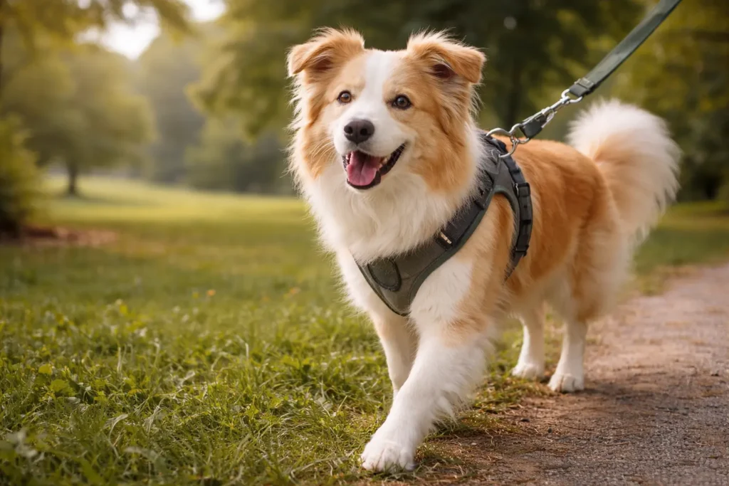 Photographie réaliste d’un chien en promenade dans un parc